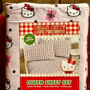 New Hello Kitty Queen Size Cotton Pink Sheet Set Christmas Bows Santa Hat